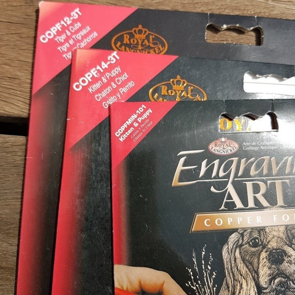 3 Copper Foil Engraving Art Kits Royal Langnickel Kitten & Puppy Tiger & Cubs